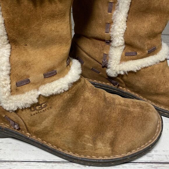 Ugg Australia Elijo Chestnut Brown Suede Winter Fur Cuff Boots #5674 - Picture 11 of 15